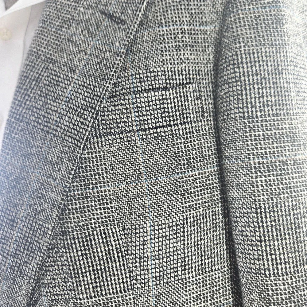 Vtg 90s Haggar Black White Blue Plaid Wool Tweed Sports Coat Blazer Med ~40R USA